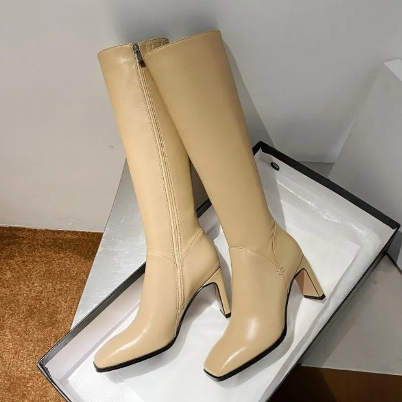 Remise Chaude Taoffen – bottes en cuir véritable pour femmes, taille 33 à 43, talons hauts épais, bout carré, fermeture éclair, bottes chaudes, chaussures de fête à la mode