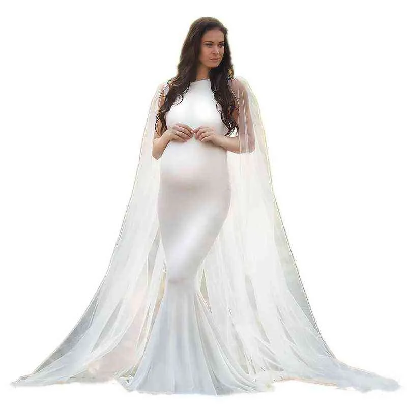 Sleeveless Jersey Baby Shower Long Dress With Tulle Cape Pregnant Woman Dress For Photo Shoot Maternity Photography Mermaid Gown AA220309