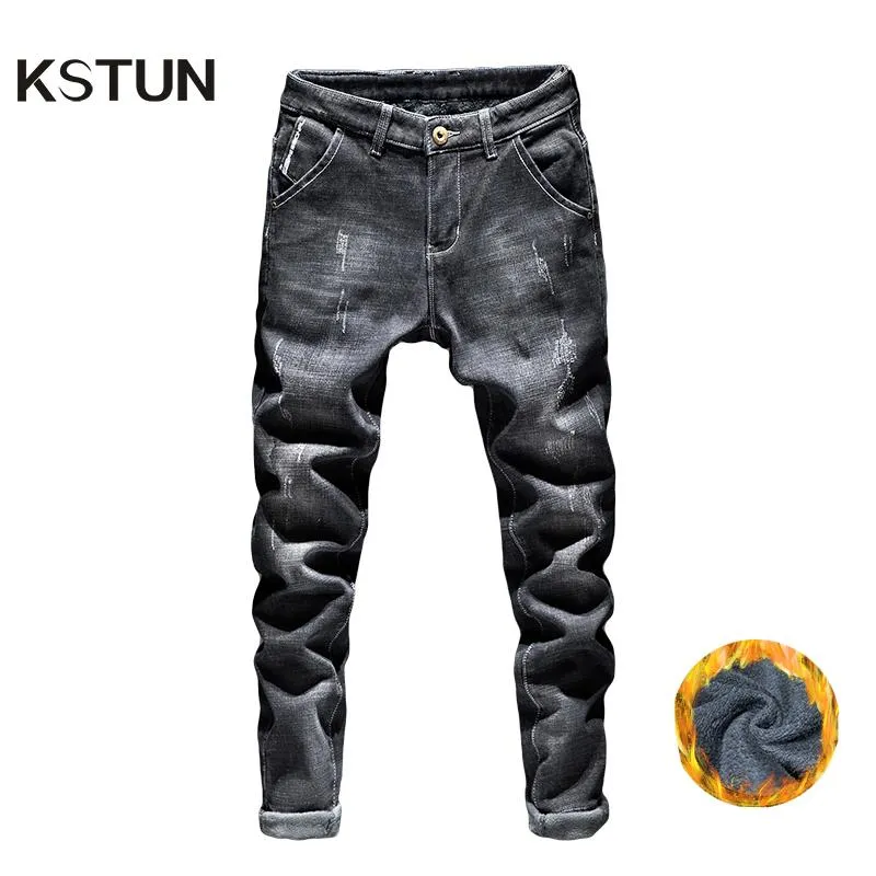 Mens Winter Thicken Fleece Jeans Stretch Slim Fit Dark Blue Denim Warm ...