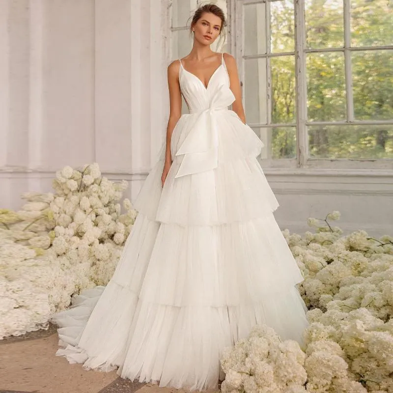 White Spaghetti Strap V Neck Filipiniana Wedding Dress With Puffy