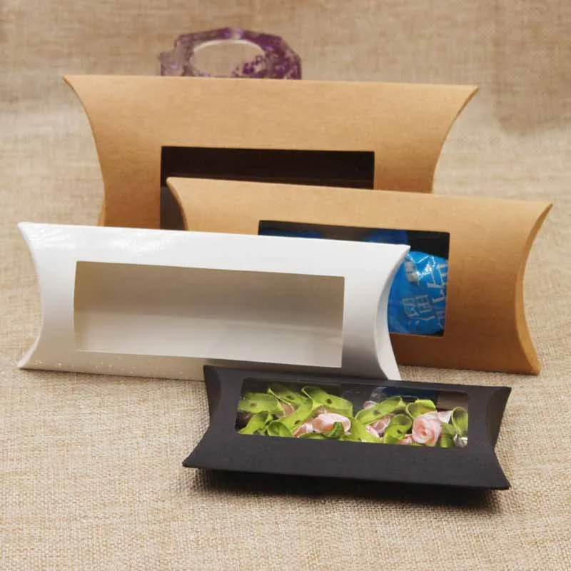 Pudełko poduszki Kraft z jasnym oknem PCV czarny brązowy biały poduszka kształt Handmade Candy Soap Packaging Box