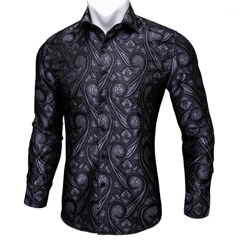 Koszulki męskie Barry Wang Black Paisley Floral Silk Men Autumn Long Rleeve Casual Flower for Designer Fit Shirt Bcy-041323h