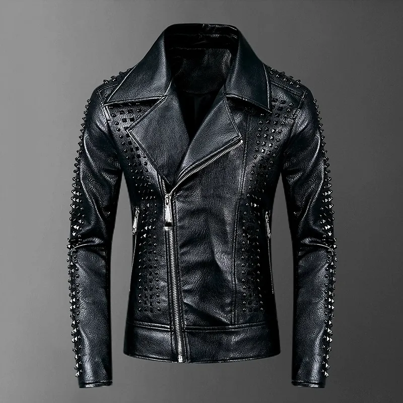 Högkvalitativ Rivet Motorcyle Jacket Jaqueta Motoqueiro Chaqueta Cuero Punk Rock DJ Stage Faux Leather Men Coat 201114