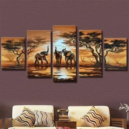 5-Panel-Modern-Hand-Painted-African-Safari-Landscape-Oil-Painting-Elephant-Forest-Scenery-Picture-Cuadros-Canvas