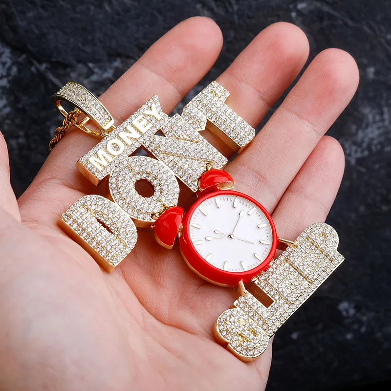 Yellow Gold Plated Iced Out Diamond CZ MONEY DONT SLEEP Clock Pendant Necklace Fashion Jewelry for Men Women