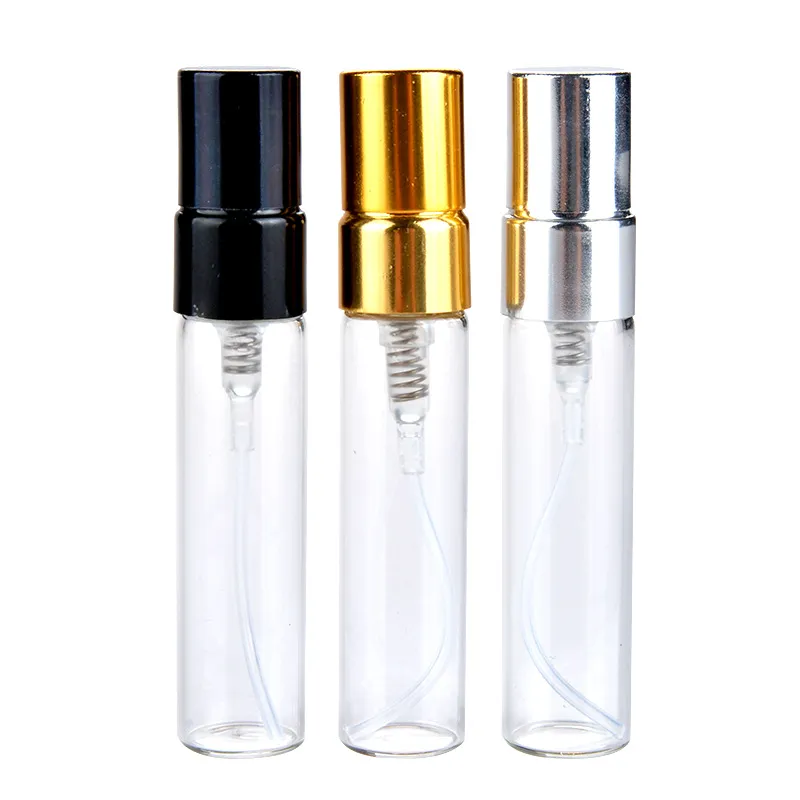 1000 adet / grup Mini Sprey Şişesi 5 ml Cam Parfüm Şişeleri Siyah Altın Gümüş Kap ile Boş Parfüm Örnek Şişeler Stoklar