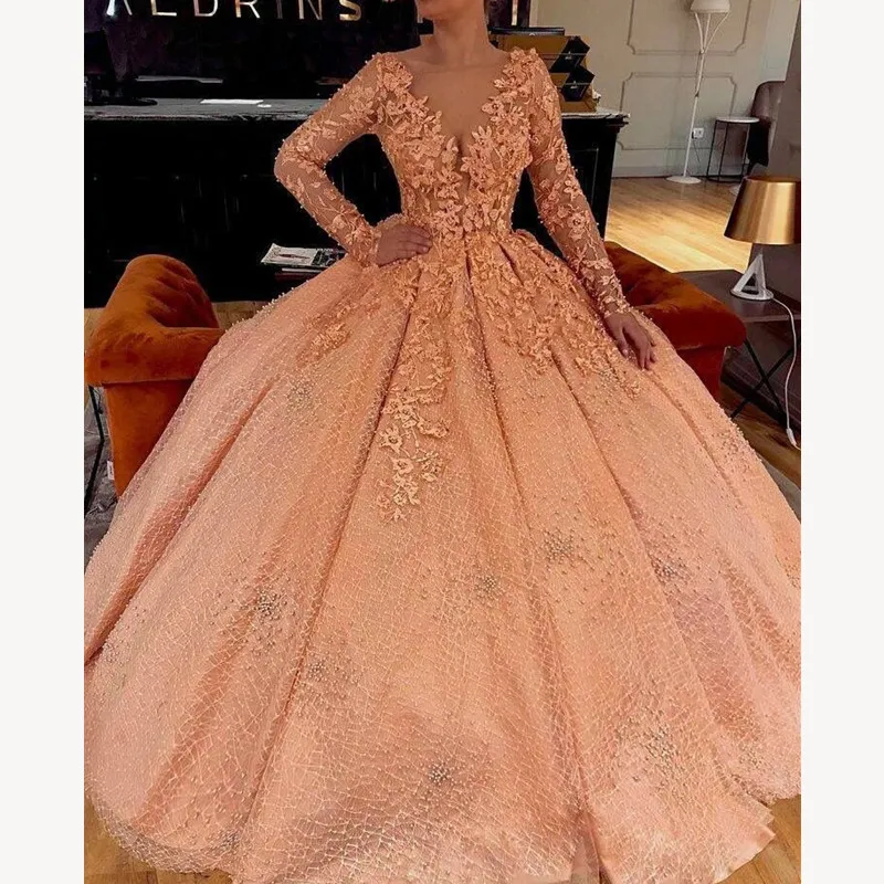 2022 Long Sleeves Pink Quinceanera Dresses Bow Vestidos De Prom Dress Crystal Tulle V-neck Ball Gown Sweet 16