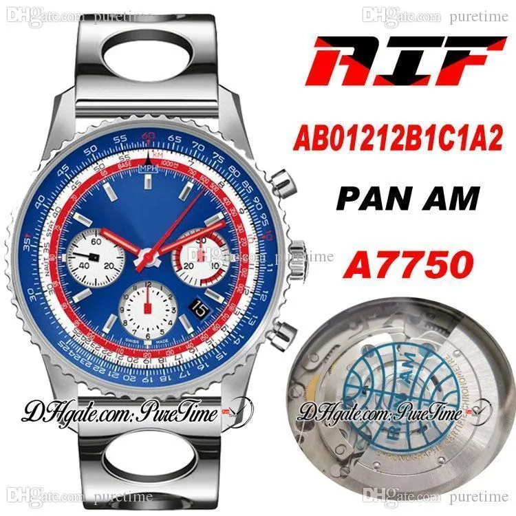 AIF B01 Chronograph 43 Swissair A7750 Automatic Mens Watch AB01212B1C1A2 Blue White Dial Hole Steel Bracelet Best Edition PTBL Puretime G7