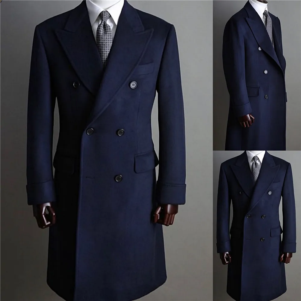 Navy Blue Woolen Mens Long Coat Jacka Vinterbrudgum Dubbelbröst Bröllop Skräddarsydd Party Prom Business Blazer Endast One Piece