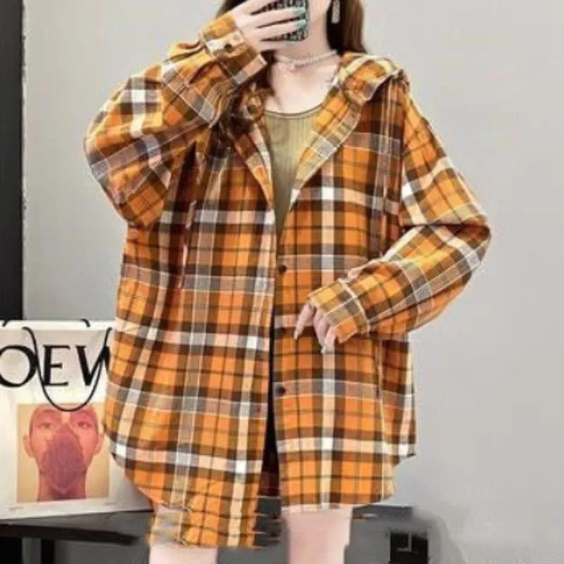 Women's Blouses & Shirts Hooded Loose Check Shirt Port Style 2021 Early Spring Korean Version Versatile Long Sleeve Medium And Coat
