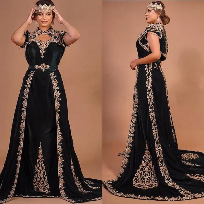 Black Velvet Evening Formal Dresses with Jacket 2021 Gold Lace Embroidery Morocco Kaftan Muslim Prom Dress vestidos de fista