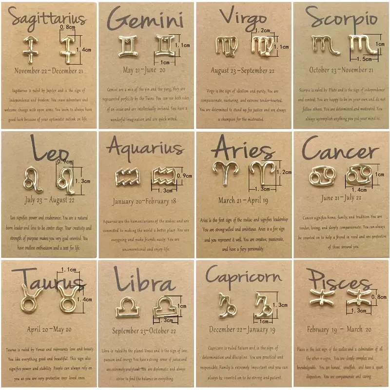 12 Constellation Stud Earrings 18K Gold Silver Plated Horoscope Zodiac Earring Letter Symbol Earrings for Women Nice Jewelry Brithday Gift with Message Card