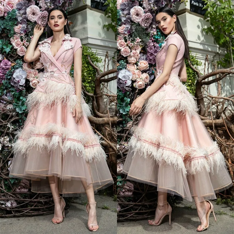 Fashion Pink Evening Dresses V Neck Feather Hand Made Flower Prom Dresses Sweep Train Knee Length A Line Short Sleeve Pageant Party Dress