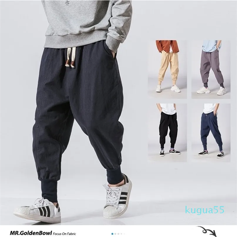 Mrgb bomull linne jogger byxor män streetwear casual harem manlig byxa solid färg överdimensionerade herrkläder 211228