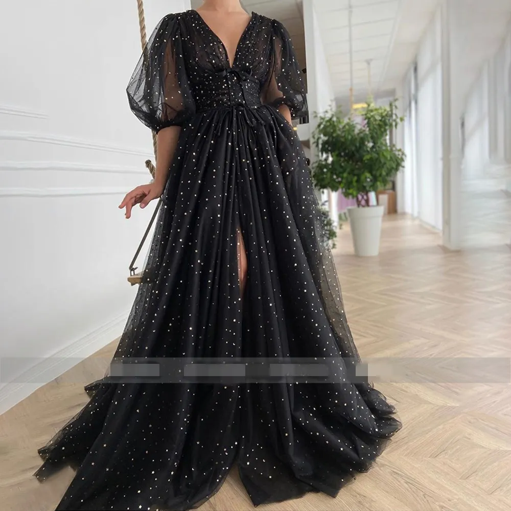 2020 Svart Starry Tulle Aftonklänningar Sparkly V-Neck Half Puff Sleeves Fram Slit Ruched Party Dresses Slits Long A-Line Prom Crow