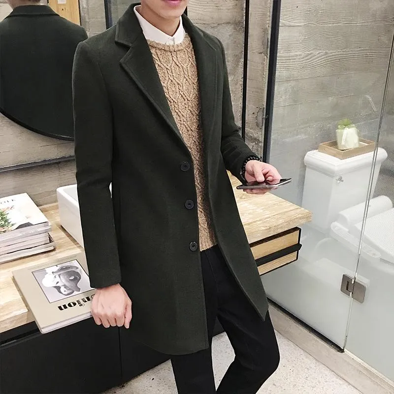 Tela de hombre Abrigos Largo Abrigo Hombre Pink Invierno Slim Fit Manteau  Homme Green Woolen Casual Vintage Hombres Ropa