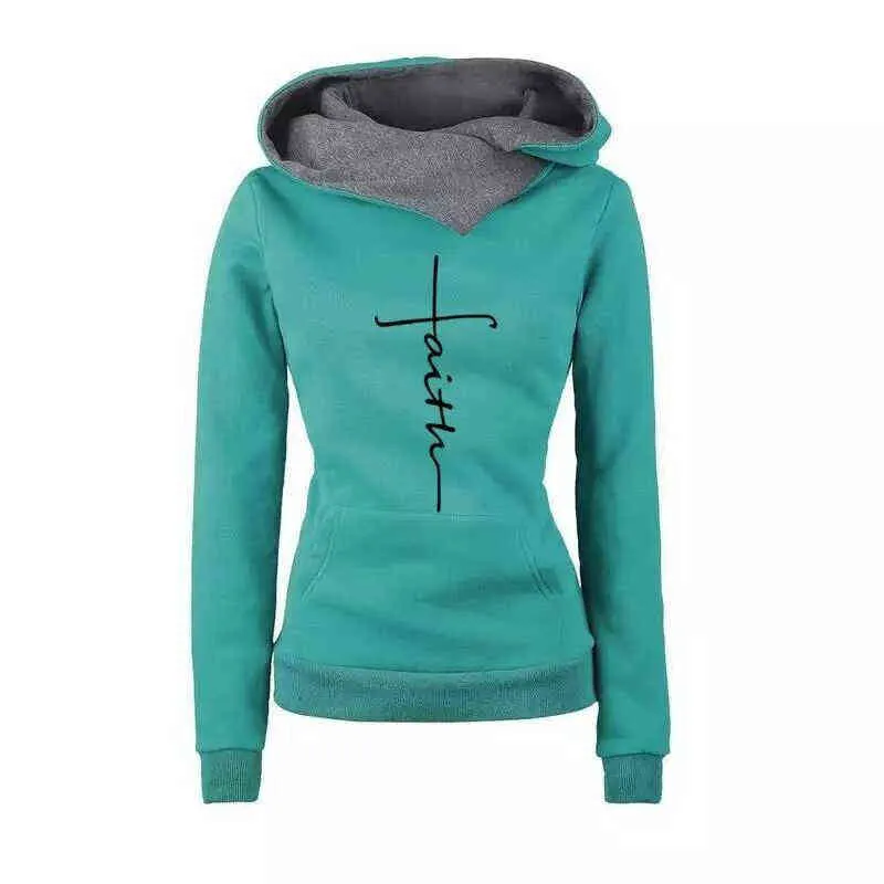 Modehöst Vinter Hoodies Sweatshirts Kvinnor Faith Broderad Sweatshirt Långärmad Pullovers Christmas Casual Warm Hooded Toppar 220115