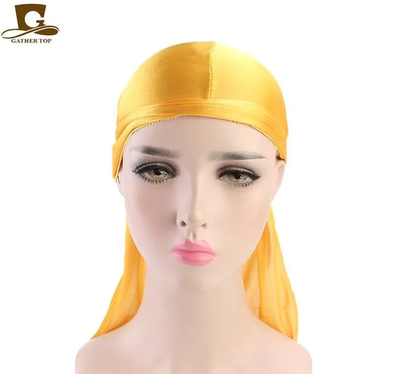 cheap silk long tail scarf cap men`s satin durags bandanna turban wigs men silky durag headwear pirate hat 13 colors