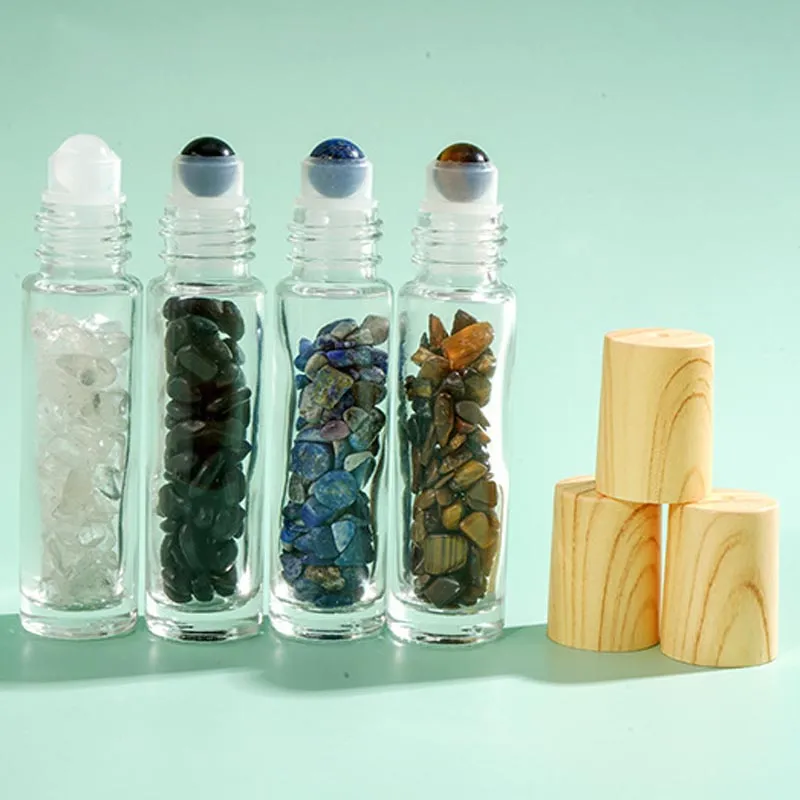 Bouteille en plastique avec bouchon de Grain en bois, bouteille vide de parfum d'huile de 10ml avec boule de pierre pour le roulement d'huile d'aromathérapie