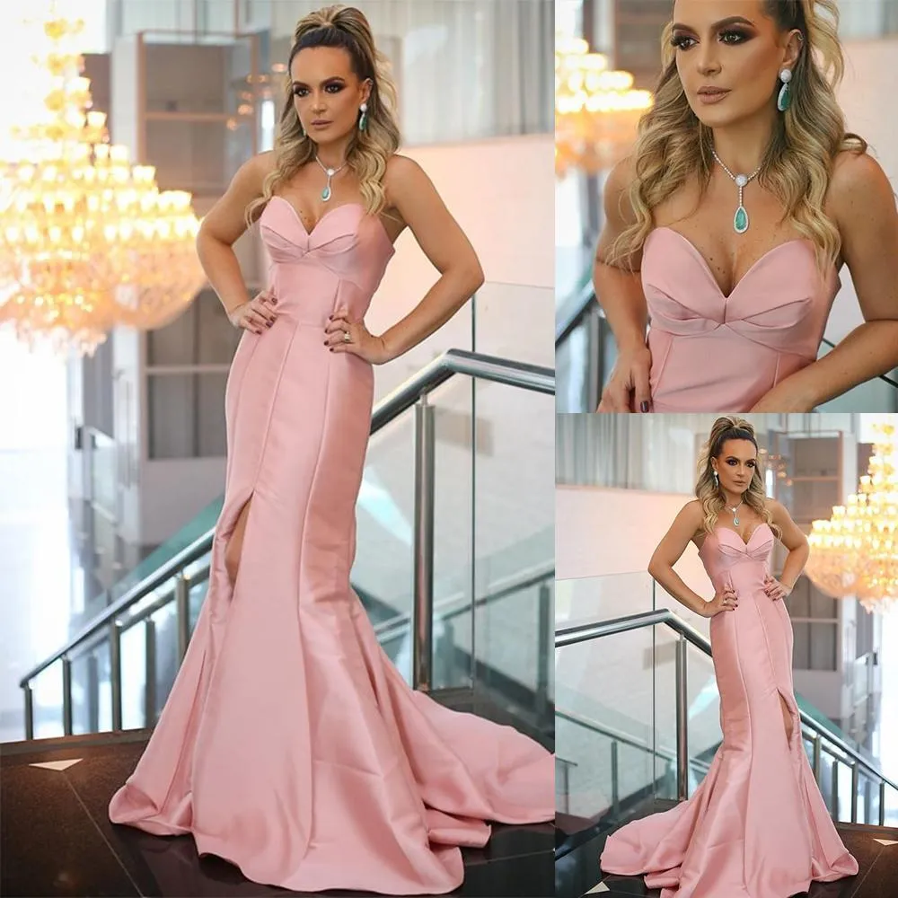 Дешевые плюс размер светло-розовые русалки вечерние платья вечерние милая длина длины пола плиты выпускные платья переднее разделенное формальное платье Vestidos de Novia