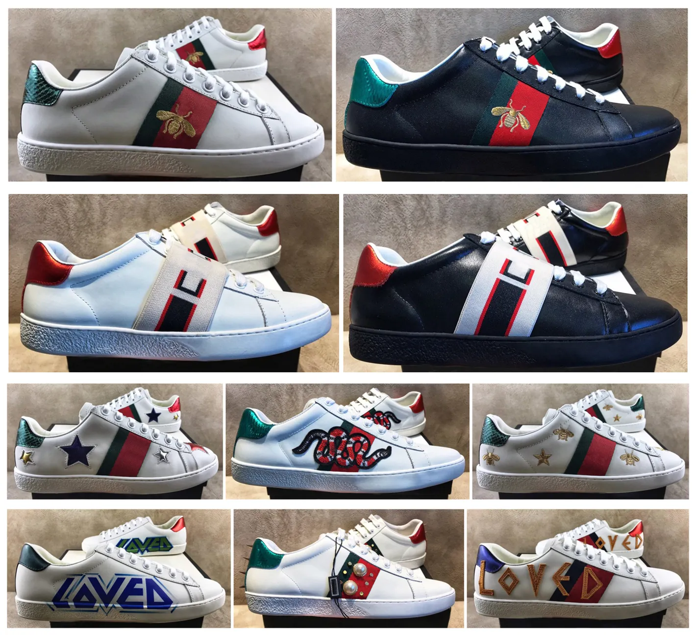 High Quality Mens Casual Shoes White Ace Green Red Stripe Italy Bee Tiger Snake Women Sneaker Trainers Chaussures Pour Hommes With Box