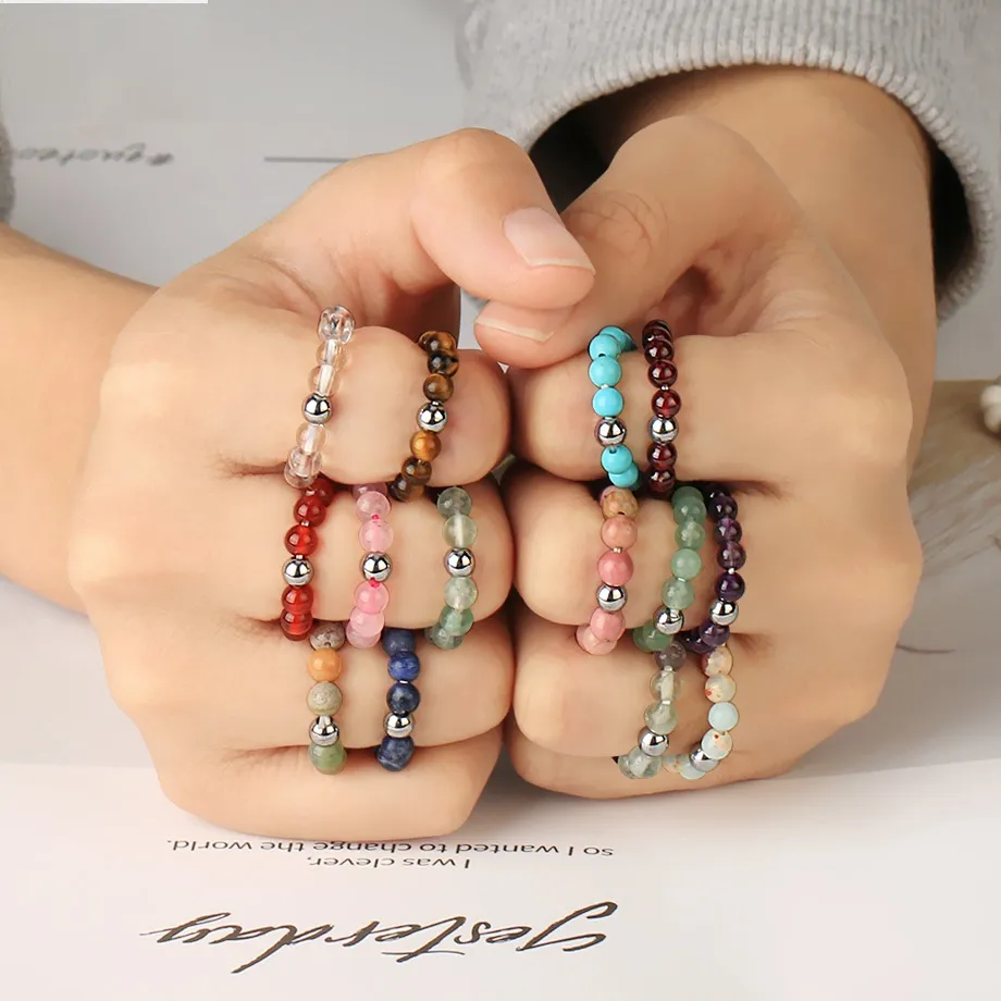4mm Natural Stone Beads Rings Elastic Round Crystal Strand Finger Ring for Women and Men