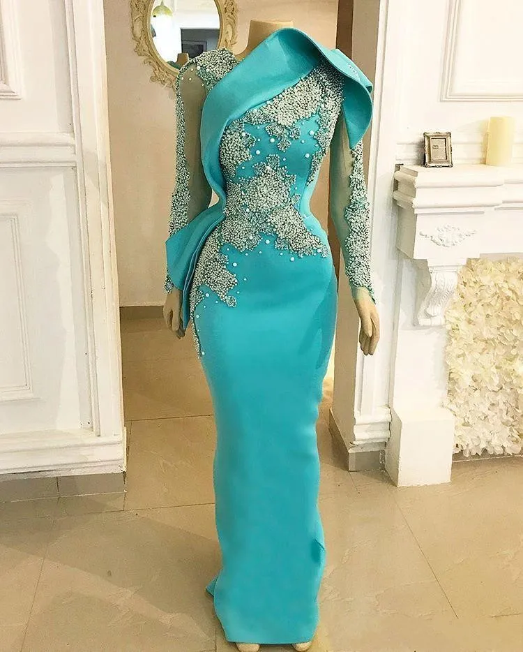 white christmas dresses Luxury Turquoise Pearls Evening Dress with Cape Sleeves SS705 – Sharon Said main image 0