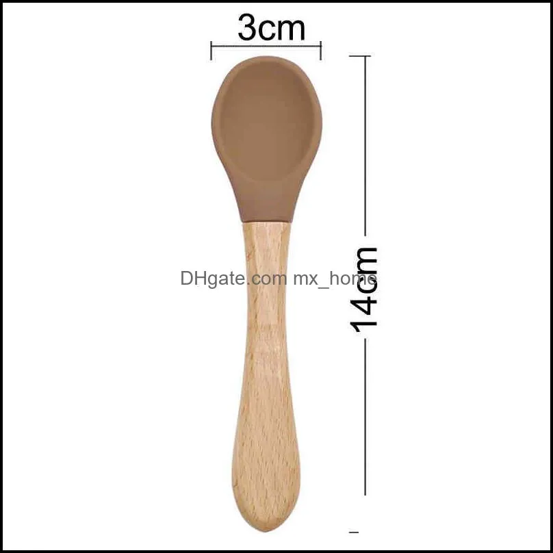 Feeding Wooden Handle Silicone Spoon For Baby Utensils Eat Soild Food Kids Training Manipulative Ability Children`s Tableware