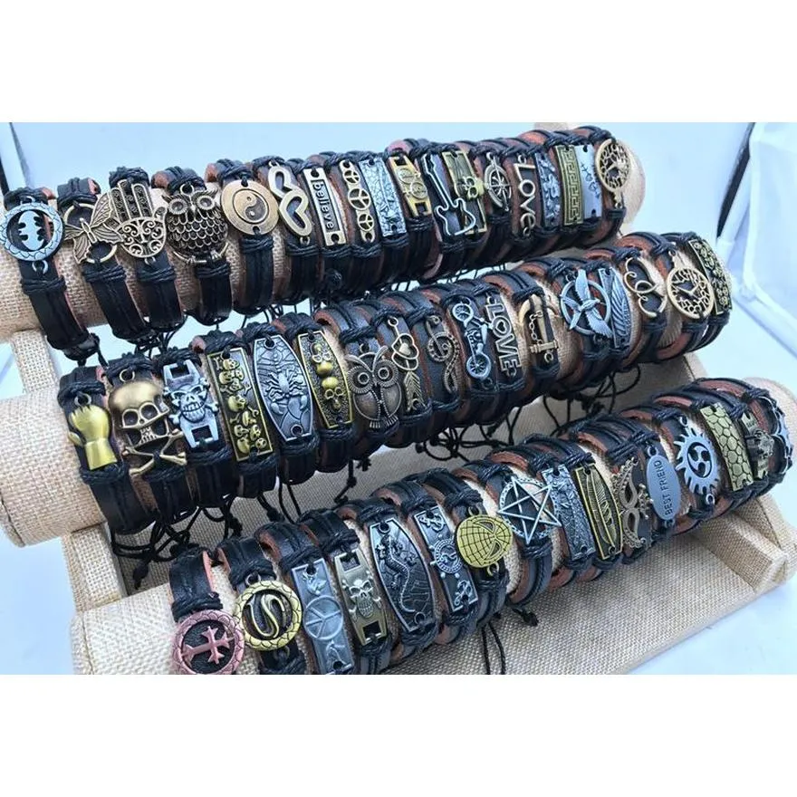 200pcs/lot mix style metal leather cuff charm bracelets for men`s women`s jewelry party gifts bangle shipping