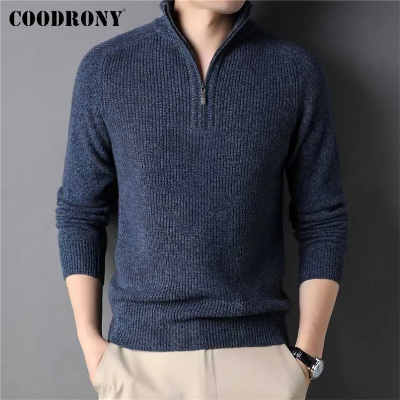 COODRONY hiver mode fermeture éclair pull à col roulé hommes vêtements épais chaud tricots 100% laine mérinos pull en cachemire mâle C3150 211221