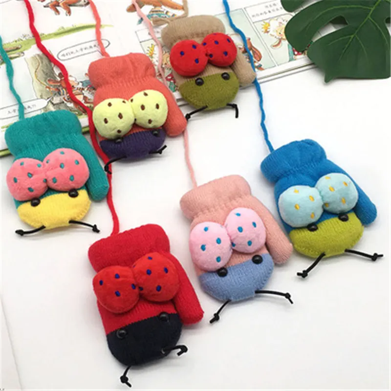 2020 Children's Knitted Gloves Wholesale Winter Double Velvet And Thick Cartoon Glove Ladybug Baby Warm Mittens Gloves