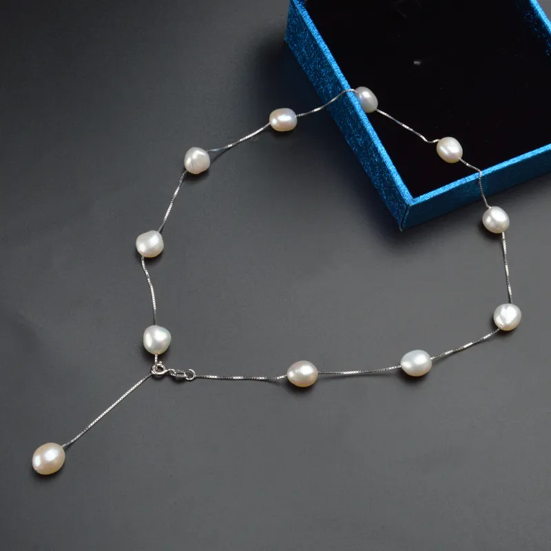 Véritable S925 argent sterling naturel perle d'eau douce collier pendentif gris blanc 8-9mm baroque perle bijoux pour femmes