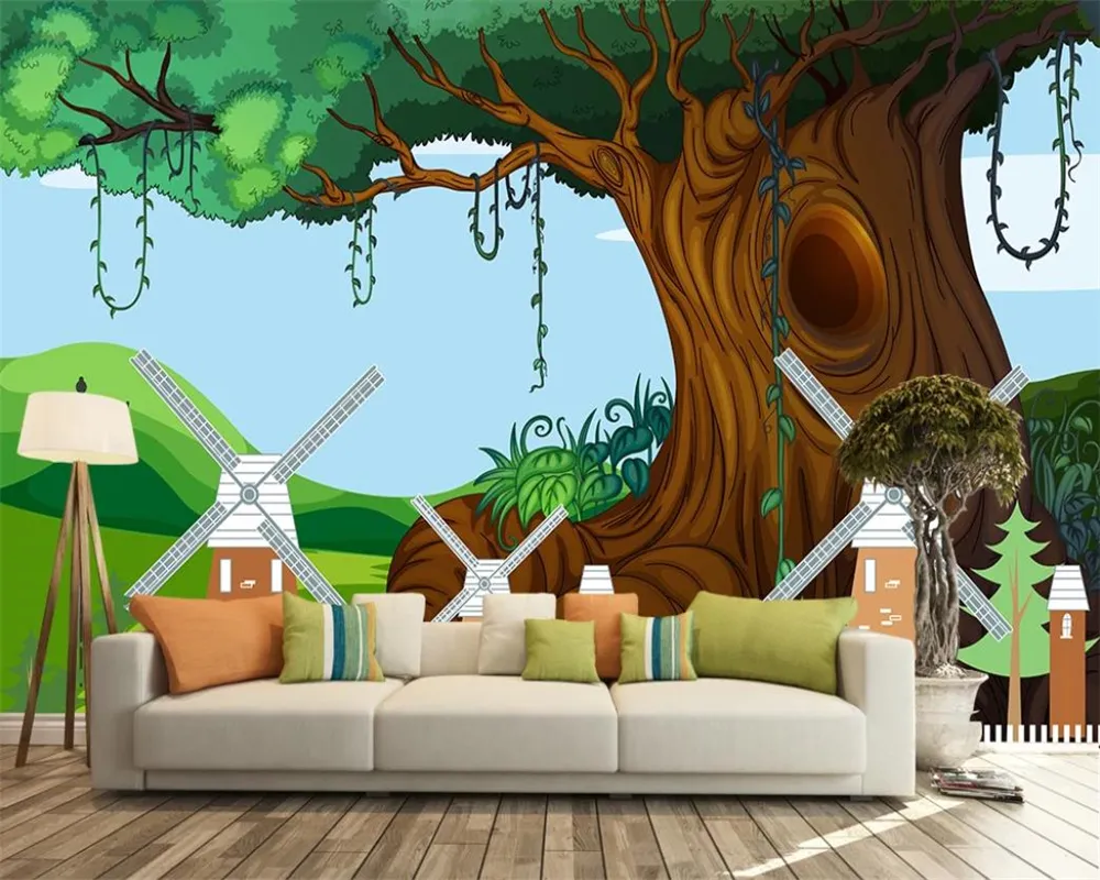 Paisaje de dibujos animados Papel tapiz 3d HD Europa y América Dibujos animados Árboles imponentes Decoración de la habitación de los niños verdes Papel tapiz mural 3d