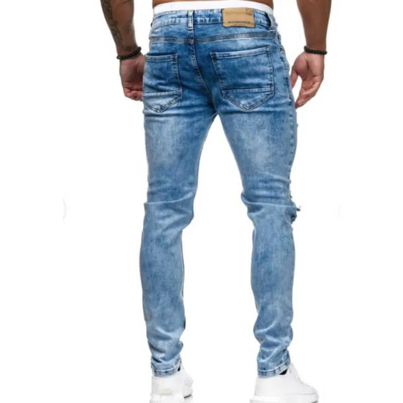 Mannen Gescheurde Skinny Biker Jeans Hemelsblauw Klassieke Potlood Broek Straat Locomotief Denim Broek Dating Mannen Business Cowboy Pants244O