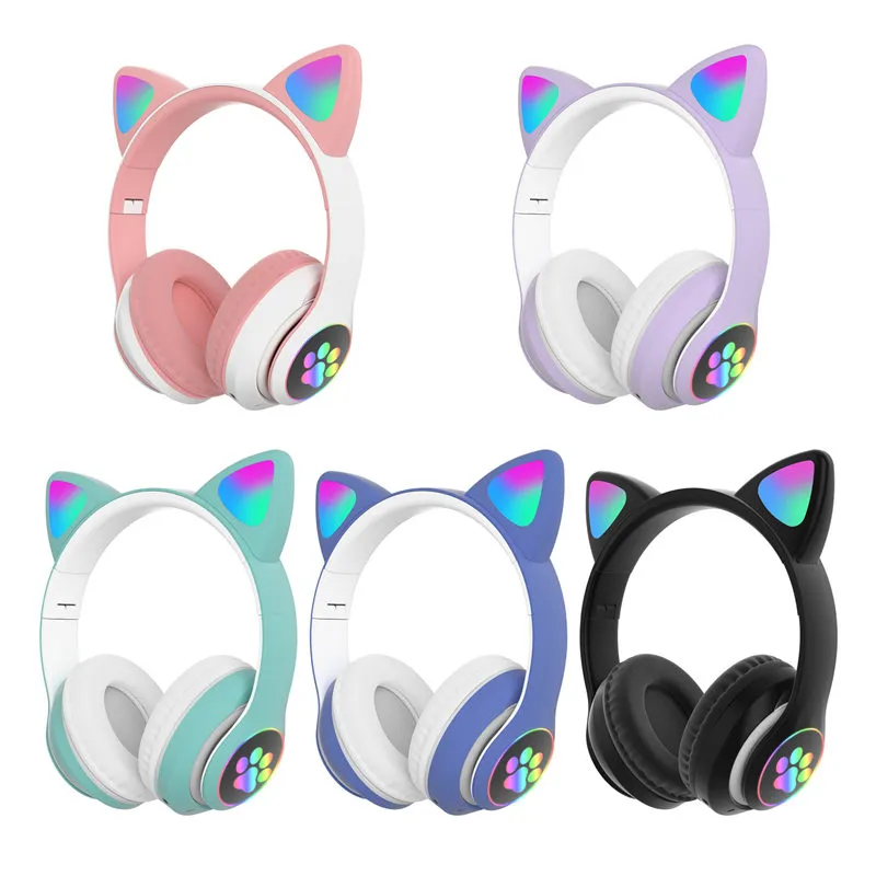 높은 Qulity RGB 고양이 귀 헤드폰 Bluetooth 5.0베이스 소음 취소 아이 소녀 헤드셋 지원 TF 카드 마이크 선물 브레이스