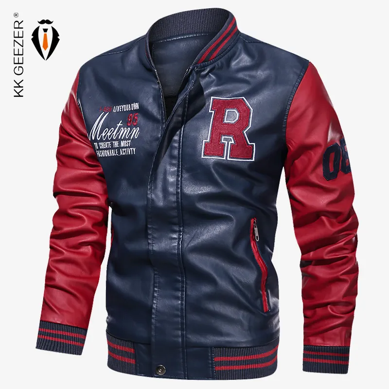 Deri Ceket Erkekler Bombacı Beyzbol Ceket Biker Pu Ceket Sahte Pilot Varsity Polar Koleji Üst Deri Siyah Slim Fit Motosiklet C1120