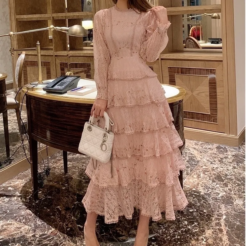 Elegant Pink Lace Embroidery Maxi For Women, Long Sleeve High Waist Ruffle Party Dress