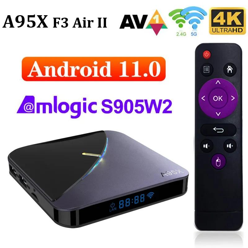 Caixa de TV A95x F3 Air II Android 11.0 AmLogic S905W2 2.4G 5G Banda dupla WiFi AV1 HD 4K Smart Media Player 4GB 64GB 4G32G Quad Core Set Top Box 2G 16G Android11
