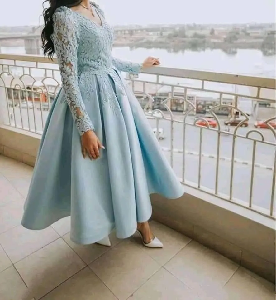 Elegant Ankle Length Long Sleeve Evening Dresses 2022 Lace Appliques Satin A Line Formal Party Gowns Girls Homecoming Prom Dress Deep V neck Special