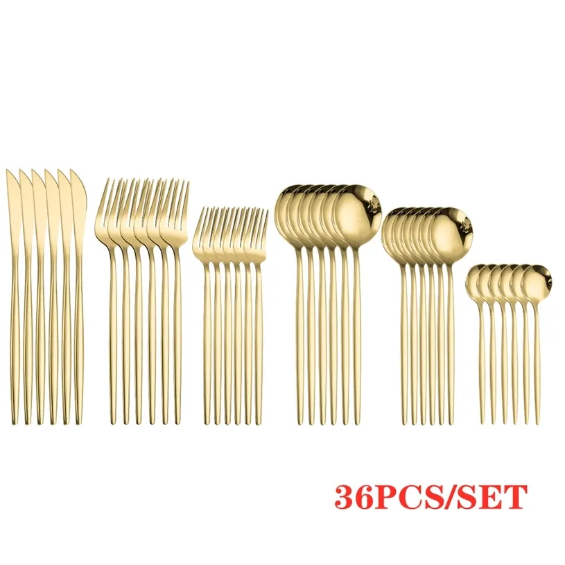 Goldbesteck-Sets, goldene Löffel, Gabeln, Messer-Set, Edelstahl, Messer, Gabel, Kaffeelöffel, Essstäbchen, Spiegel, Geschirr-Set 211228