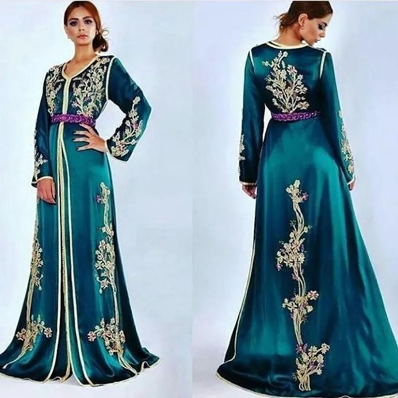 Caftans Abayas Maxì Teal Blue Noite Vestidos formais com manga longa 2022 Luxo Laço de Ouro Applique Ocasião Árabe Vestidos de Prom