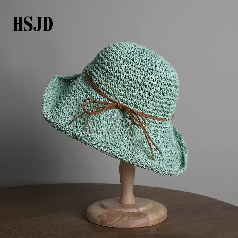 Femme au crochet à la main grand largeur paille pliable large pour femmes Summer Antiv Sun Bage Sea Women's Hats New Y200602