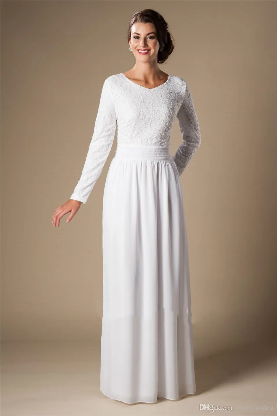 Ivory Lace Chiffon Long Sleeves Modest Wedding Dresses With Sleeves ...
