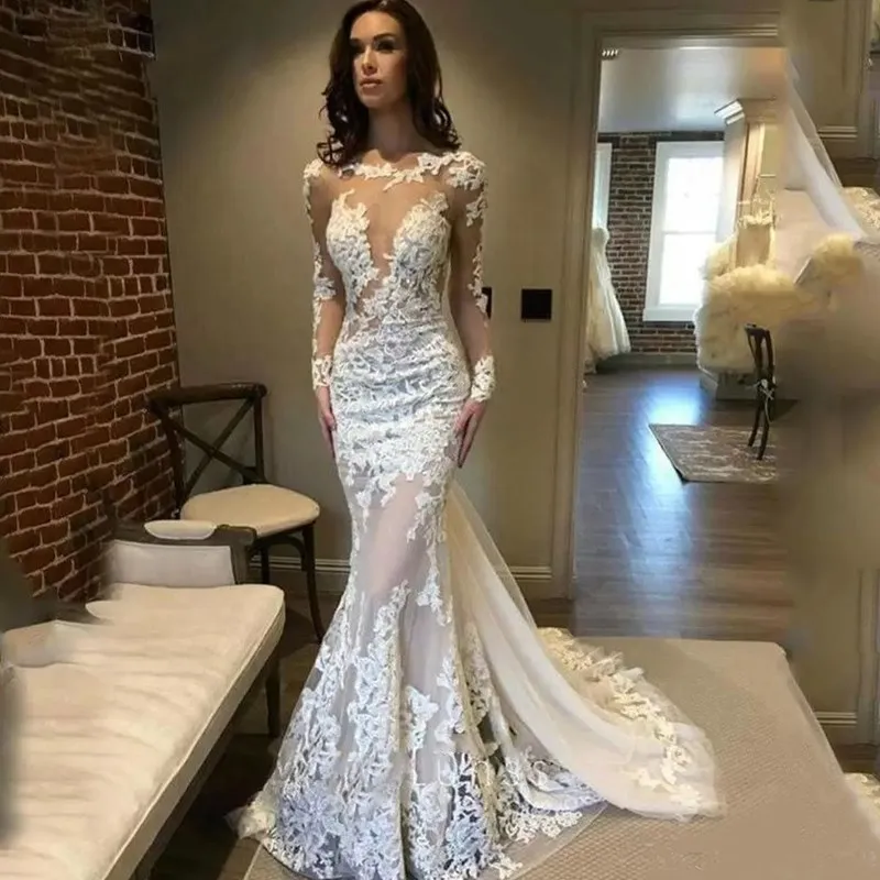 Abiti da sposa di classe Berta sirena senza schienale vedere attraverso collo a barca maniche lunghe abiti da sposa sexy in pizzo tulle abiti da sposa