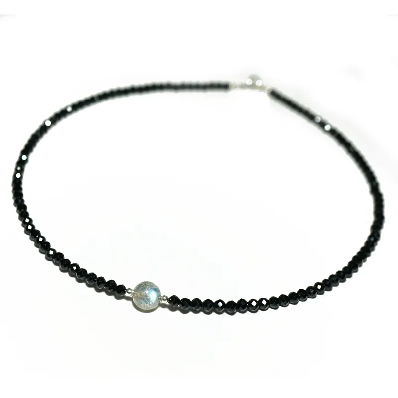 Lily Biżuteria Czarny Spinel 2-3mm Faceted Koraliki Labradoryte 925 Sterling Silver Fashion Naszyjnik dla kobiet / Mężczyzn Dropshippi Q0531