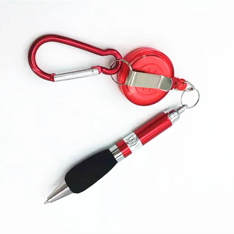 Promotional Assorted Colors Carabiner Aluminum Pens Soft Sponge Grip Short  Fat Novelty Retractable Badge Reel Pen with Custom Logo