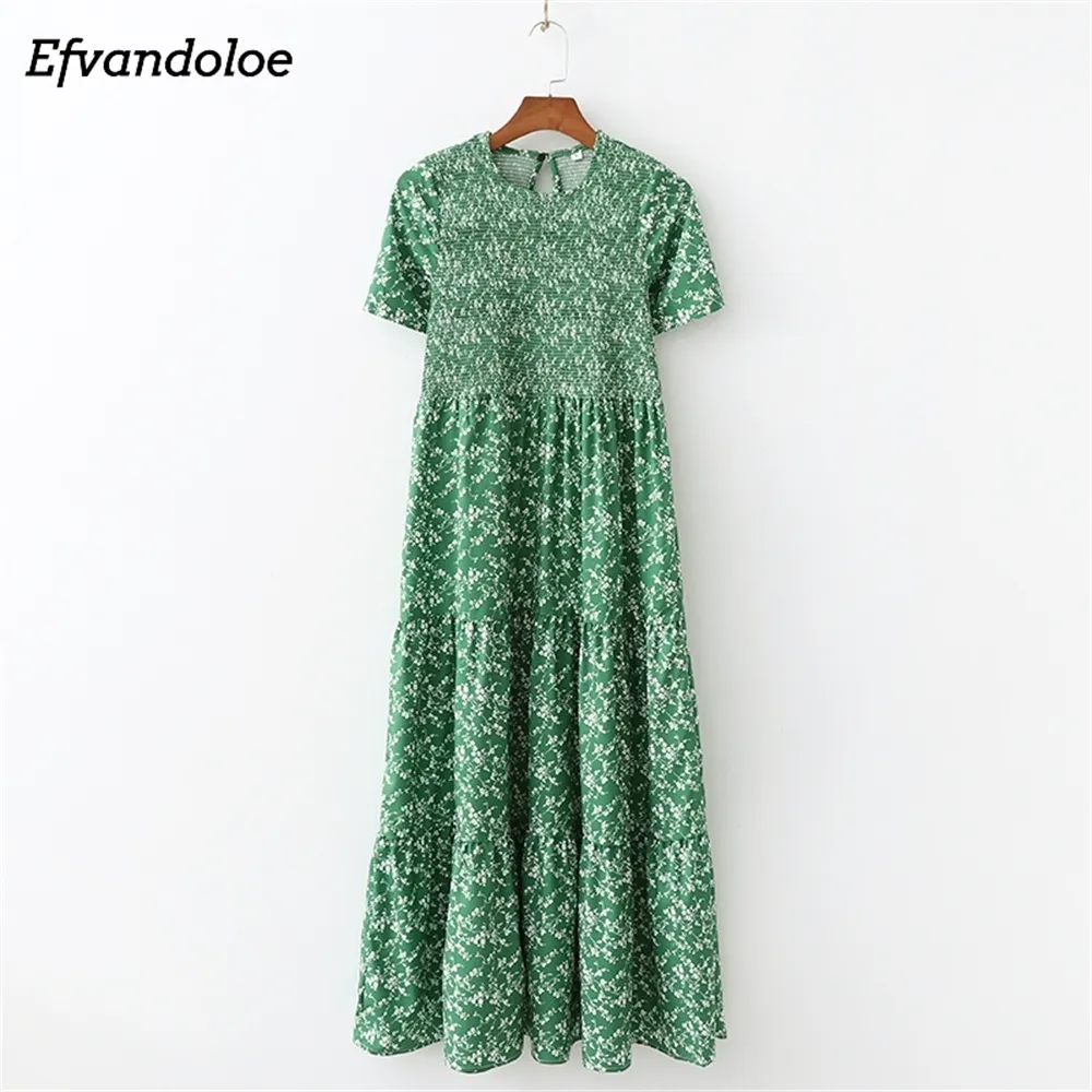 efvandoloe green maxiのドレスの長い花の夏のドレスのための女性自由奔放に生きる服Jurken Robe Femme LJ200808