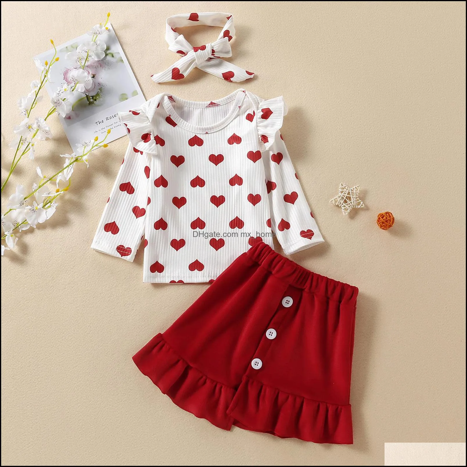 kids Clothing Sets girls Valentine`s Day outfits Children Love heart print Flying sleeve Tops+velvet Flared pants+Headband 3pcs/set Spring Autumn baby clothes