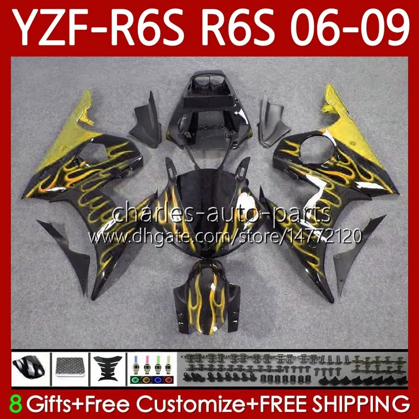 Motorradkarosserien für Yamaha YZF-R6S YZF-600 YZF R6S 600CC 2006-2009 Karosserie 96No.48 YZF R6 S 600 CC YZFR6S 06 07 08 09 YZF600 2006 2007 2008 2009 OEM-Verkleidung goldene Flammen