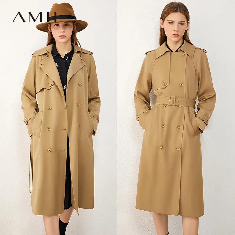 AMII Minimalisme Automne Automne Winter Femme Breaker Fashion Style Britannique Ceinture Solide Revers Trench-coat Femmes 12040443 20111111